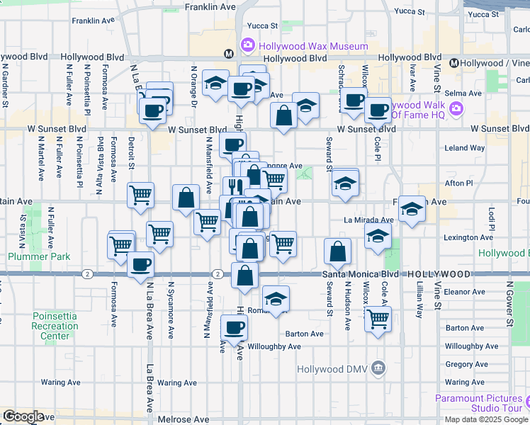 map of restaurants, bars, coffee shops, grocery stores, and more near 1231 North Las Palmas Avenue in Los Angeles