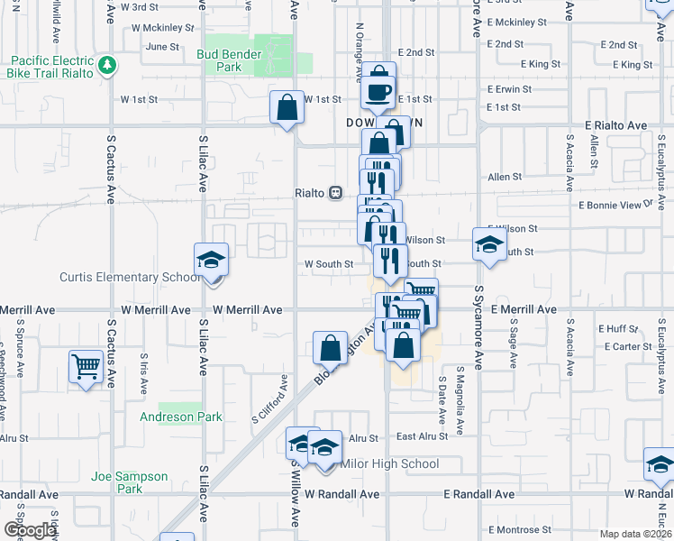 map of restaurants, bars, coffee shops, grocery stores, and more near 177 West South Street in Rialto