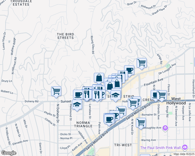 map of restaurants, bars, coffee shops, grocery stores, and more near 8732 Saint Ives Drive in Los Angeles