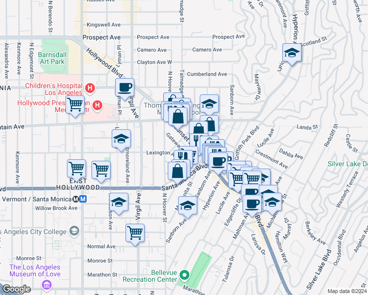 map of restaurants, bars, coffee shops, grocery stores, and more near 4229 Gateway Avenue in Los Angeles