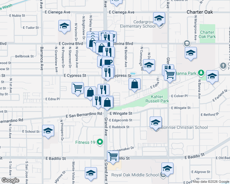 map of restaurants, bars, coffee shops, grocery stores, and more near 716 North Grand Avenue in Covina