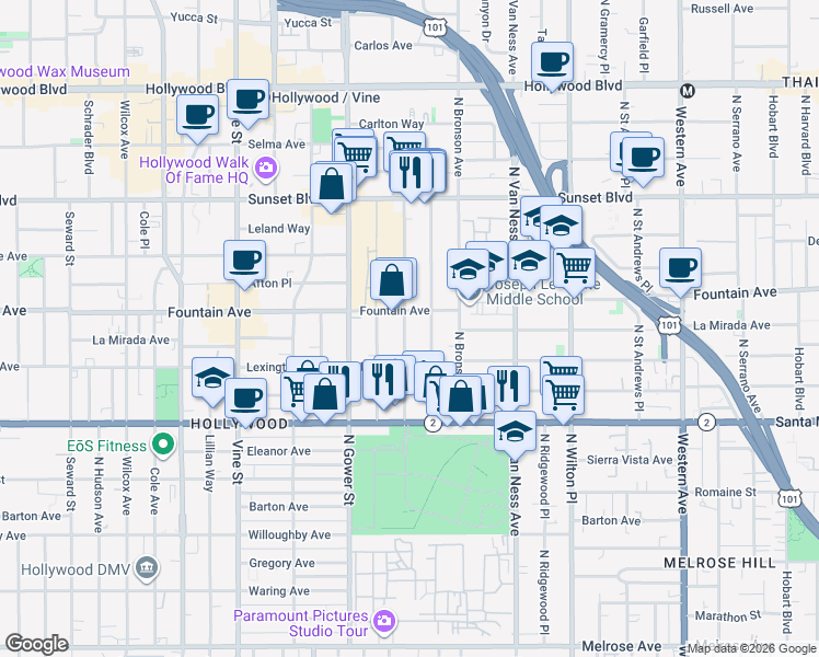 map of restaurants, bars, coffee shops, grocery stores, and more near Gordon Street in West Hollywood