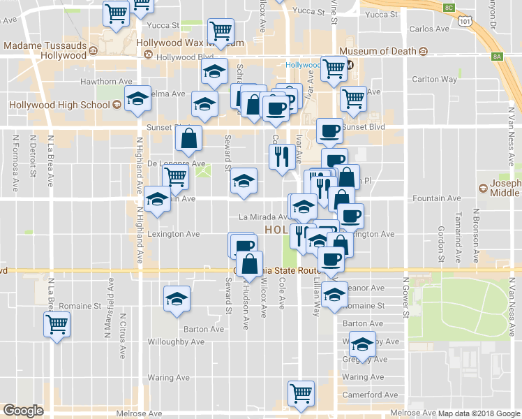 map of restaurants, bars, coffee shops, grocery stores, and more near 1235 Wilcox Avenue in Los Angeles