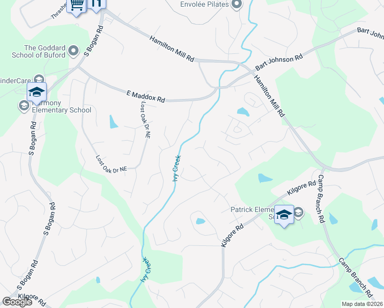 map of restaurants, bars, coffee shops, grocery stores, and more near 3675 Mystic Drive in Buford