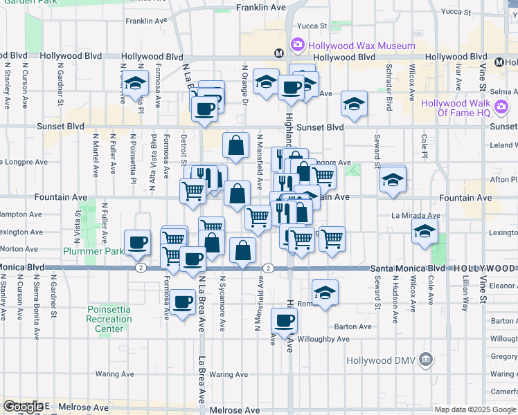 map of restaurants, bars, coffee shops, grocery stores, and more near 1229 North Mansfield Avenue in Los Angeles