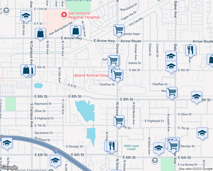 map of restaurants, bars, coffee shops, grocery stores, and more near 1434 Chaffee Street in Upland
