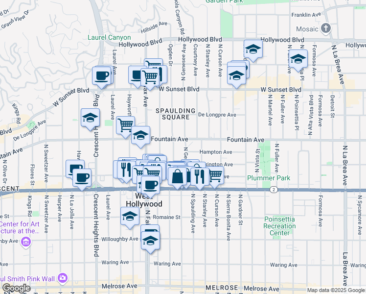map of restaurants, bars, coffee shops, grocery stores, and more near 1233 North Genesee Avenue in West Hollywood