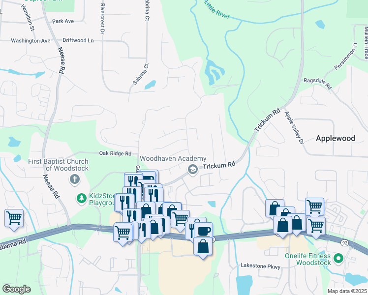 map of restaurants, bars, coffee shops, grocery stores, and more near 402 Citronelle Drive in Woodstock