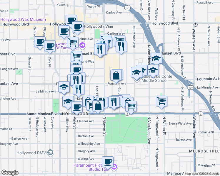 map of restaurants, bars, coffee shops, grocery stores, and more near 1243 Beachwood Drive in Los Angeles