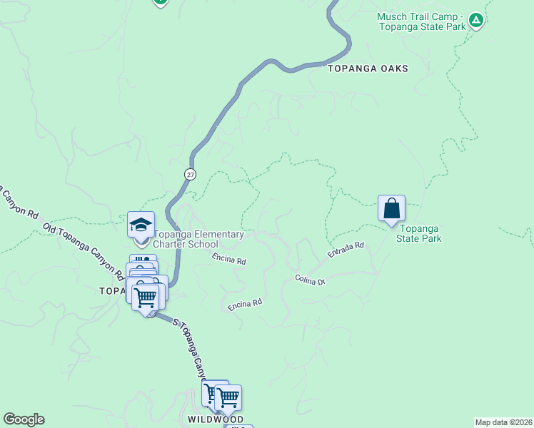 map of restaurants, bars, coffee shops, grocery stores, and more near 21277 Entrada Road in Los Angeles County