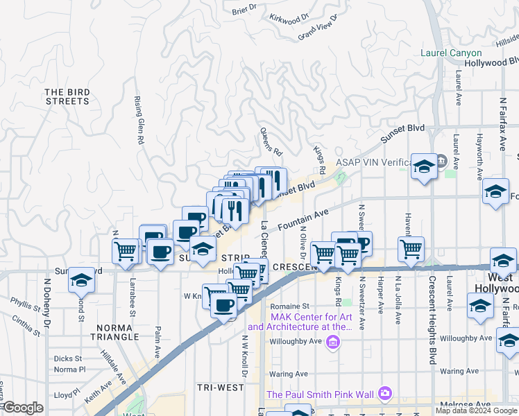 map of restaurants, bars, coffee shops, grocery stores, and more near 8500 West Sunset Boulevard in West Hollywood