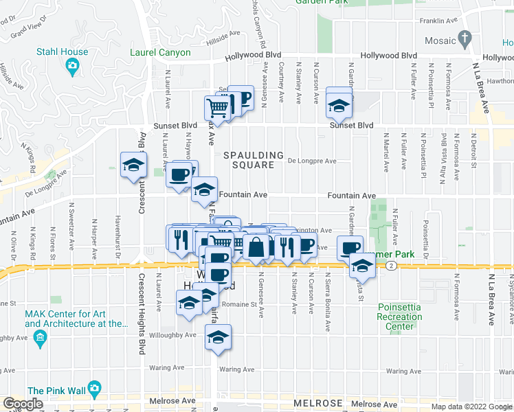 map of restaurants, bars, coffee shops, grocery stores, and more near 1240 North Ogden Drive in West Hollywood