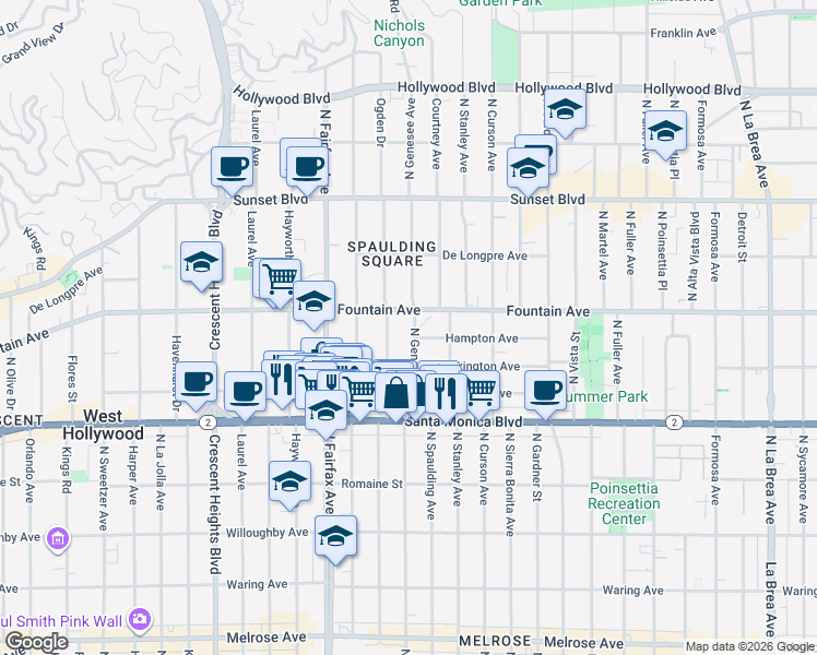 map of restaurants, bars, coffee shops, grocery stores, and more near 1233 North Genesee Avenue in West Hollywood