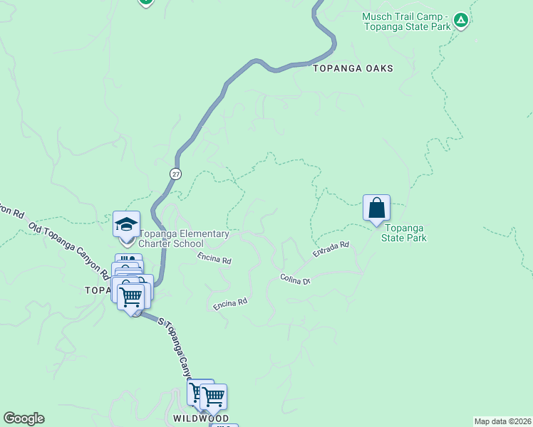 map of restaurants, bars, coffee shops, grocery stores, and more near 21273 Entrada Road in Topanga