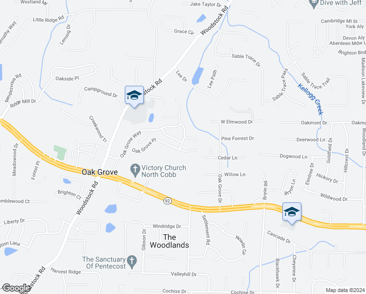 map of restaurants, bars, coffee shops, grocery stores, and more near 602 Spanish Oak Drive in Acworth