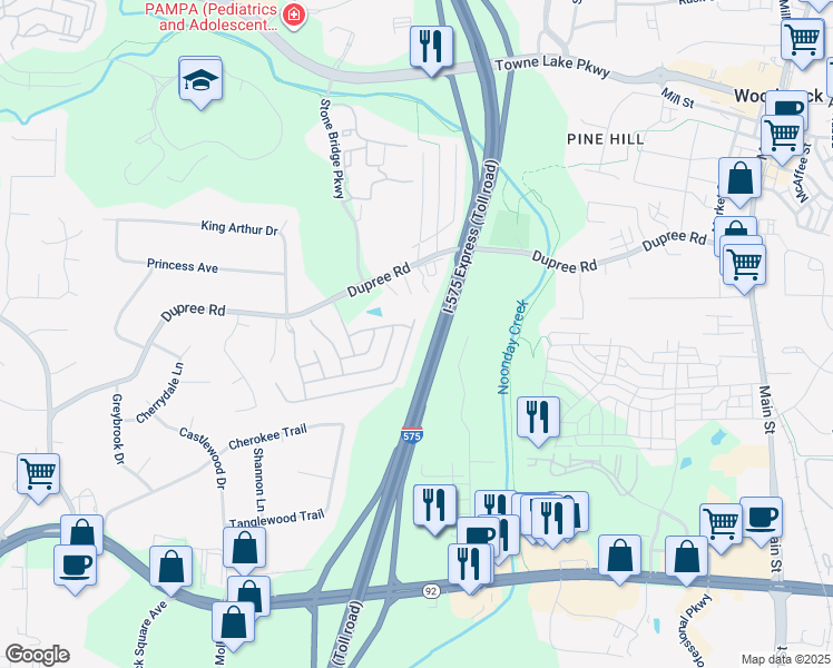 map of restaurants, bars, coffee shops, grocery stores, and more near 613 Stickley Oak Way in Woodstock