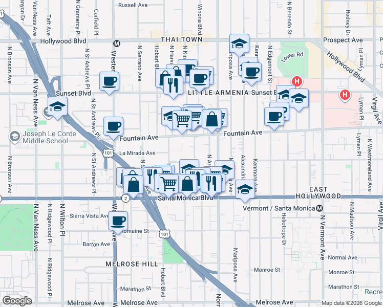 map of restaurants, bars, coffee shops, grocery stores, and more near 1217 North Kingsley Drive in Los Angeles