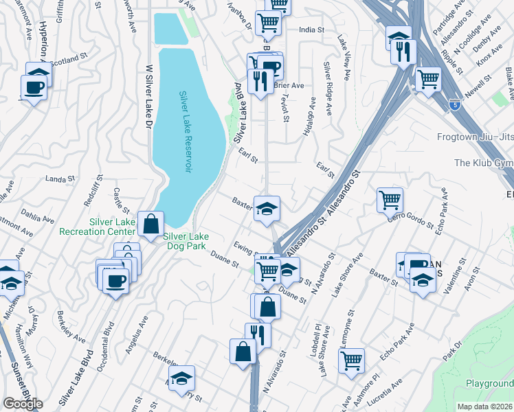 map of restaurants, bars, coffee shops, grocery stores, and more near 2290 Baxter Street in Los Angeles