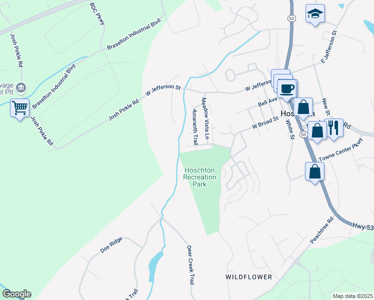 map of restaurants, bars, coffee shops, grocery stores, and more near 201 Muscogee Drive in Hoschton