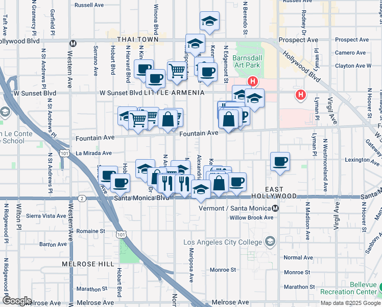 map of restaurants, bars, coffee shops, grocery stores, and more near 1216 Mariposa Avenue in Los Angeles