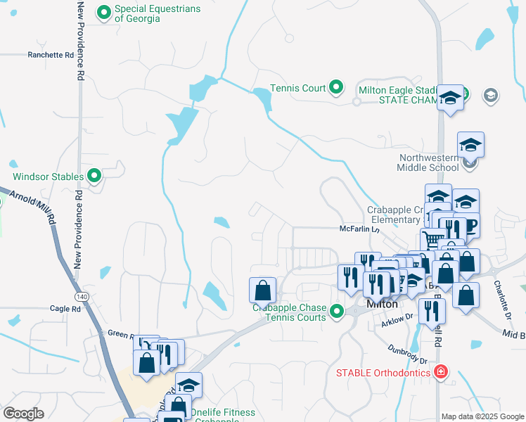 map of restaurants, bars, coffee shops, grocery stores, and more near 3005 Evelyn Lane in Alpharetta