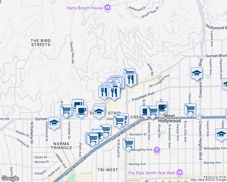 map of restaurants, bars, coffee shops, grocery stores, and more near in West Hollywood
