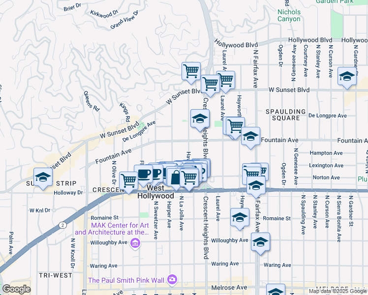 map of restaurants, bars, coffee shops, grocery stores, and more near 1253 Havenhurst Drive in West Hollywood