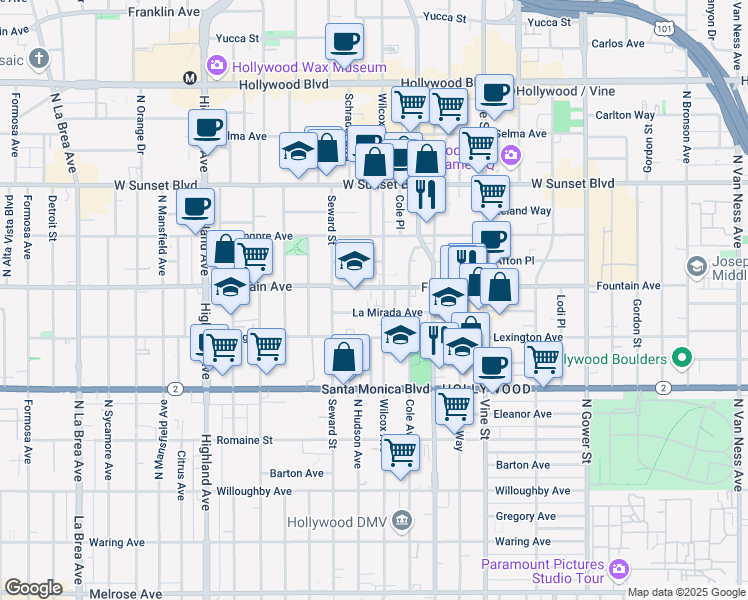 map of restaurants, bars, coffee shops, grocery stores, and more near 1245 Wilcox Avenue in Los Angeles