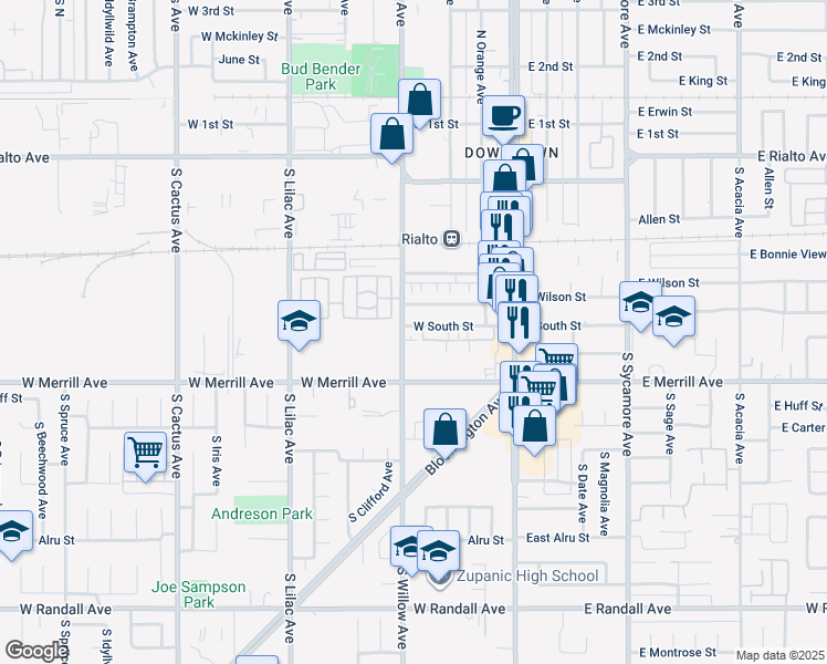 map of restaurants, bars, coffee shops, grocery stores, and more near 419 South Willow Avenue in Rialto