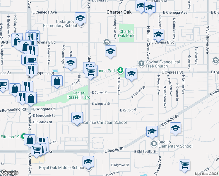 map of restaurants, bars, coffee shops, grocery stores, and more near 743 North Rimhurst Avenue in Covina