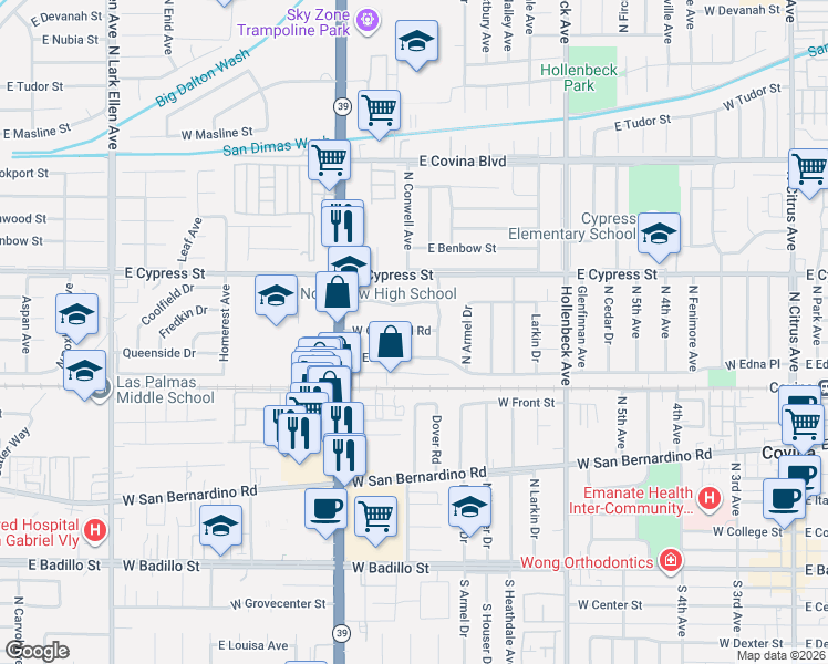 map of restaurants, bars, coffee shops, grocery stores, and more near 747 West Edna Place in Covina