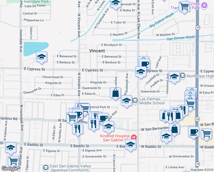 map of restaurants, bars, coffee shops, grocery stores, and more near 16646 East Queenside Drive in Covina