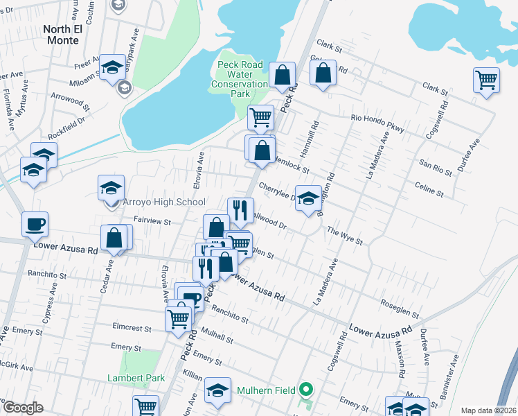 map of restaurants, bars, coffee shops, grocery stores, and more near 11612 Hallwood Drive in El Monte
