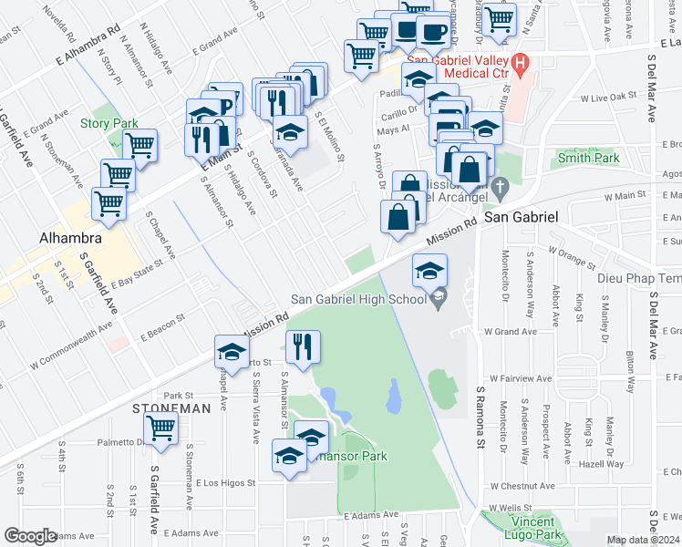 map of restaurants, bars, coffee shops, grocery stores, and more near 530 South Cordova Street in Alhambra
