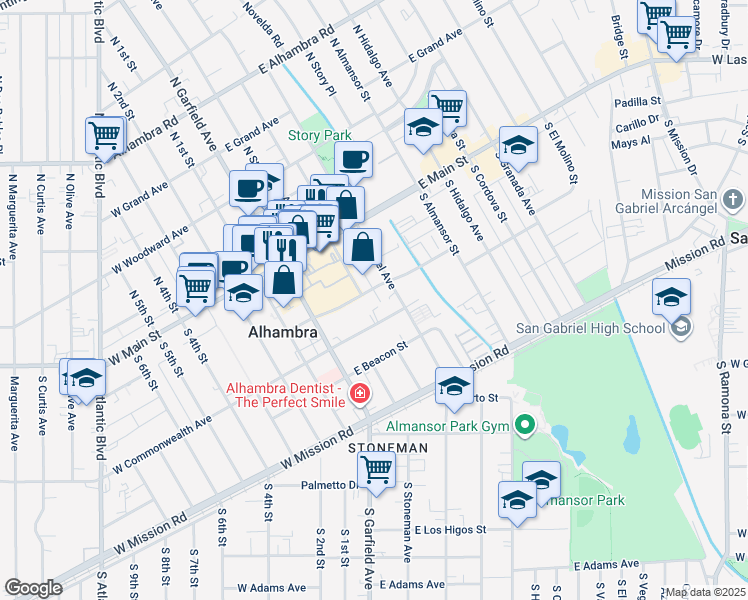 map of restaurants, bars, coffee shops, grocery stores, and more near 118 East Bay State Street in Alhambra