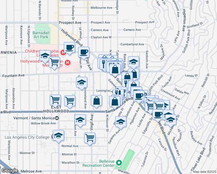 map of restaurants, bars, coffee shops, grocery stores, and more near 4351 Lexington Avenue in Los Angeles