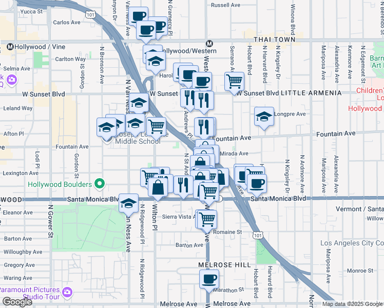 map of restaurants, bars, coffee shops, grocery stores, and more near 5602 La Mirada Avenue in Los Angeles