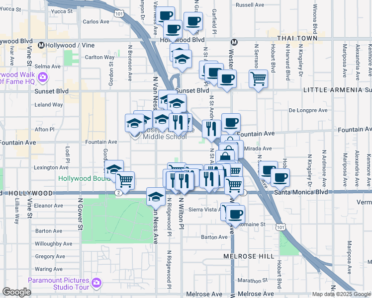map of restaurants, bars, coffee shops, grocery stores, and more near 5642 La Mirada Avenue in Los Angeles