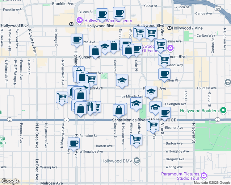 map of restaurants, bars, coffee shops, grocery stores, and more near 1231 Seward Street in Los Angeles