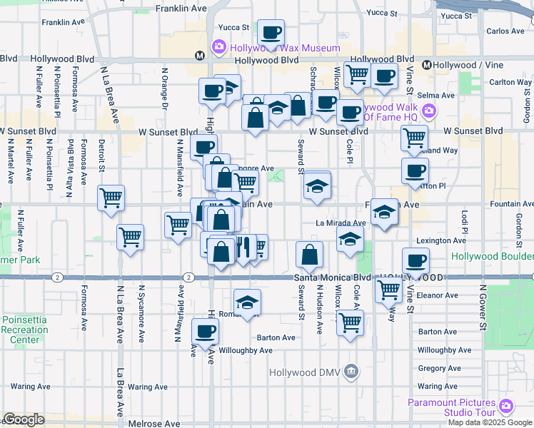 map of restaurants, bars, coffee shops, grocery stores, and more near 1234 North Cherokee Avenue in Los Angeles