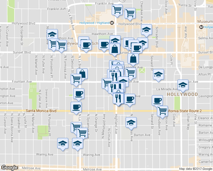 map of restaurants, bars, coffee shops, grocery stores, and more near 1229 North Citrus Avenue in Los Angeles