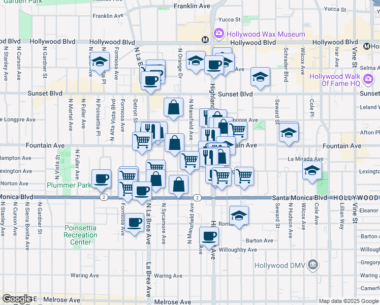 map of restaurants, bars, coffee shops, grocery stores, and more near 1229 North Mansfield Avenue in Los Angeles