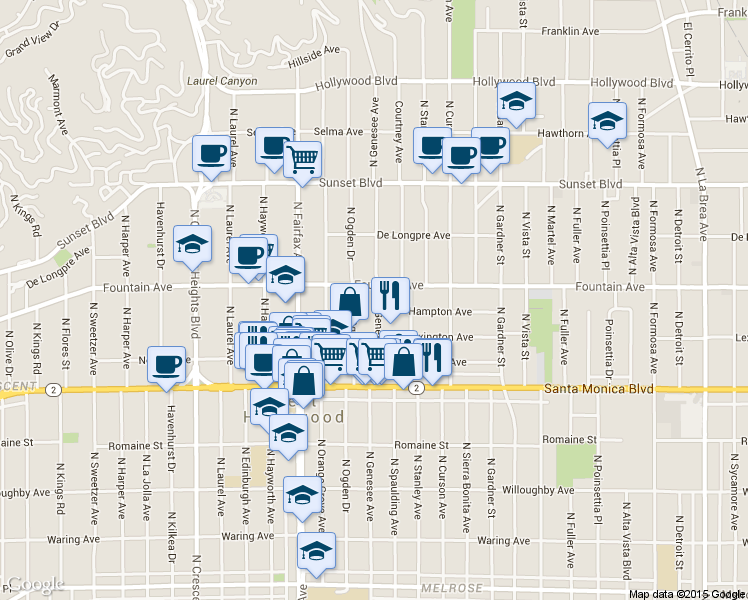 map of restaurants, bars, coffee shops, grocery stores, and more near 1232 North Ogden Drive in West Hollywood