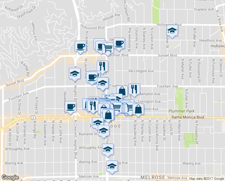 map of restaurants, bars, coffee shops, grocery stores, and more near 1221 North Orange Grove Avenue in West Hollywood