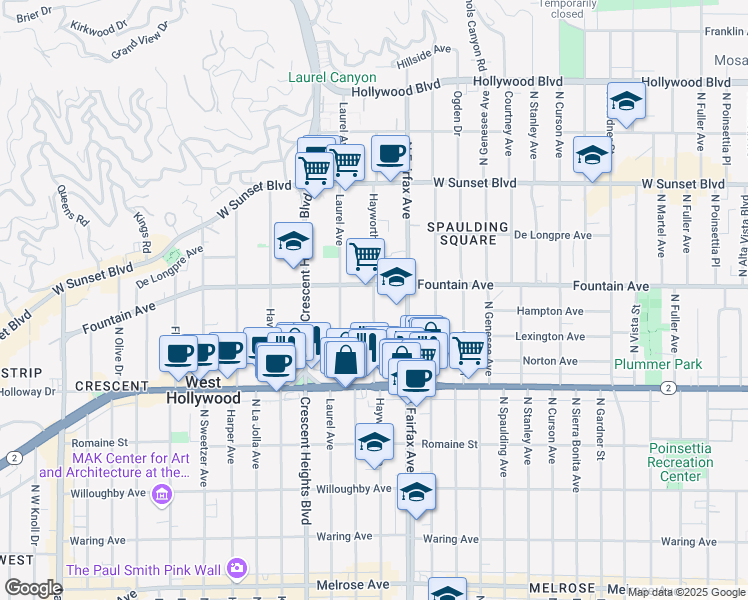 map of restaurants, bars, coffee shops, grocery stores, and more near 1263 North Hayworth Avenue in West Hollywood