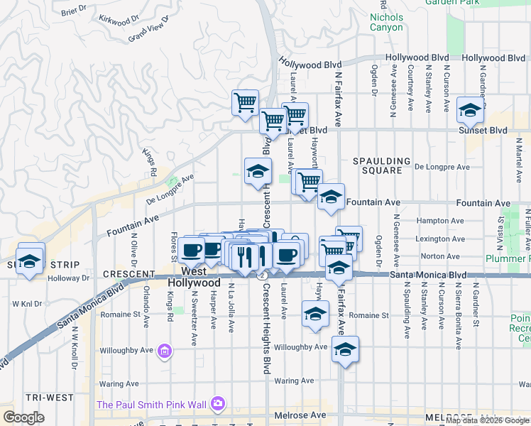 map of restaurants, bars, coffee shops, grocery stores, and more near 1257 North Crescent Heights Boulevard in West Hollywood