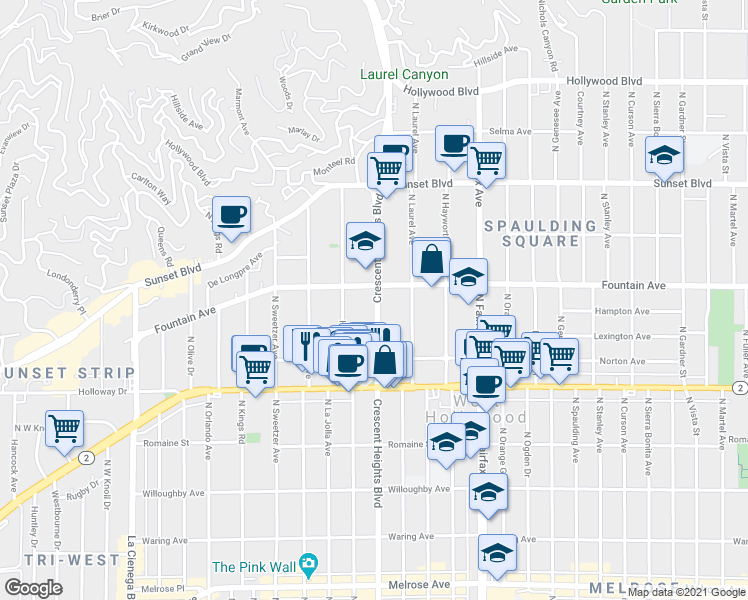 map of restaurants, bars, coffee shops, grocery stores, and more near 1257 North Crescent Heights Boulevard in West Hollywood