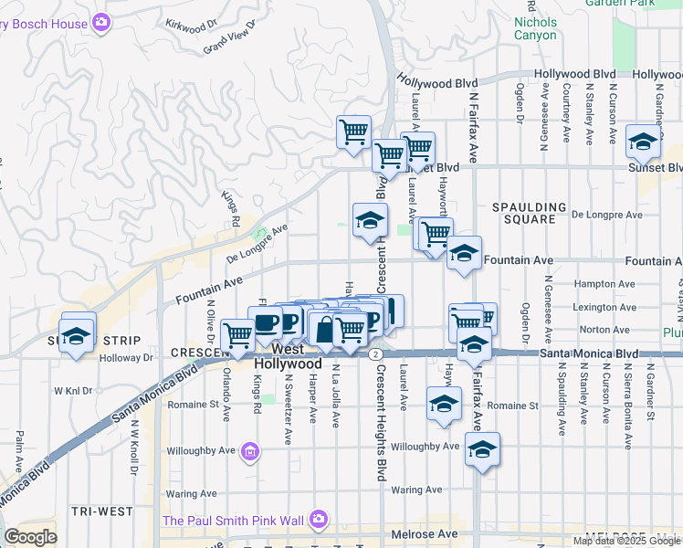 map of restaurants, bars, coffee shops, grocery stores, and more near 1253 Havenhurst Drive in West Hollywood