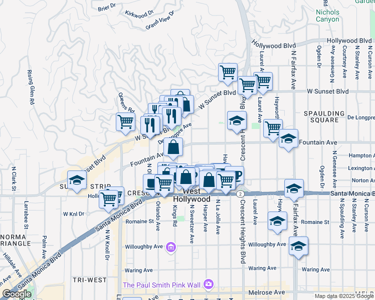 map of restaurants, bars, coffee shops, grocery stores, and more near 1260 North Flores Street in West Hollywood
