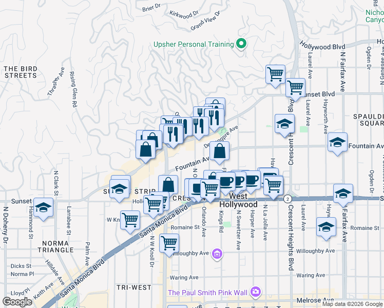 map of restaurants, bars, coffee shops, grocery stores, and more near 1307 North Olive Drive in West Hollywood